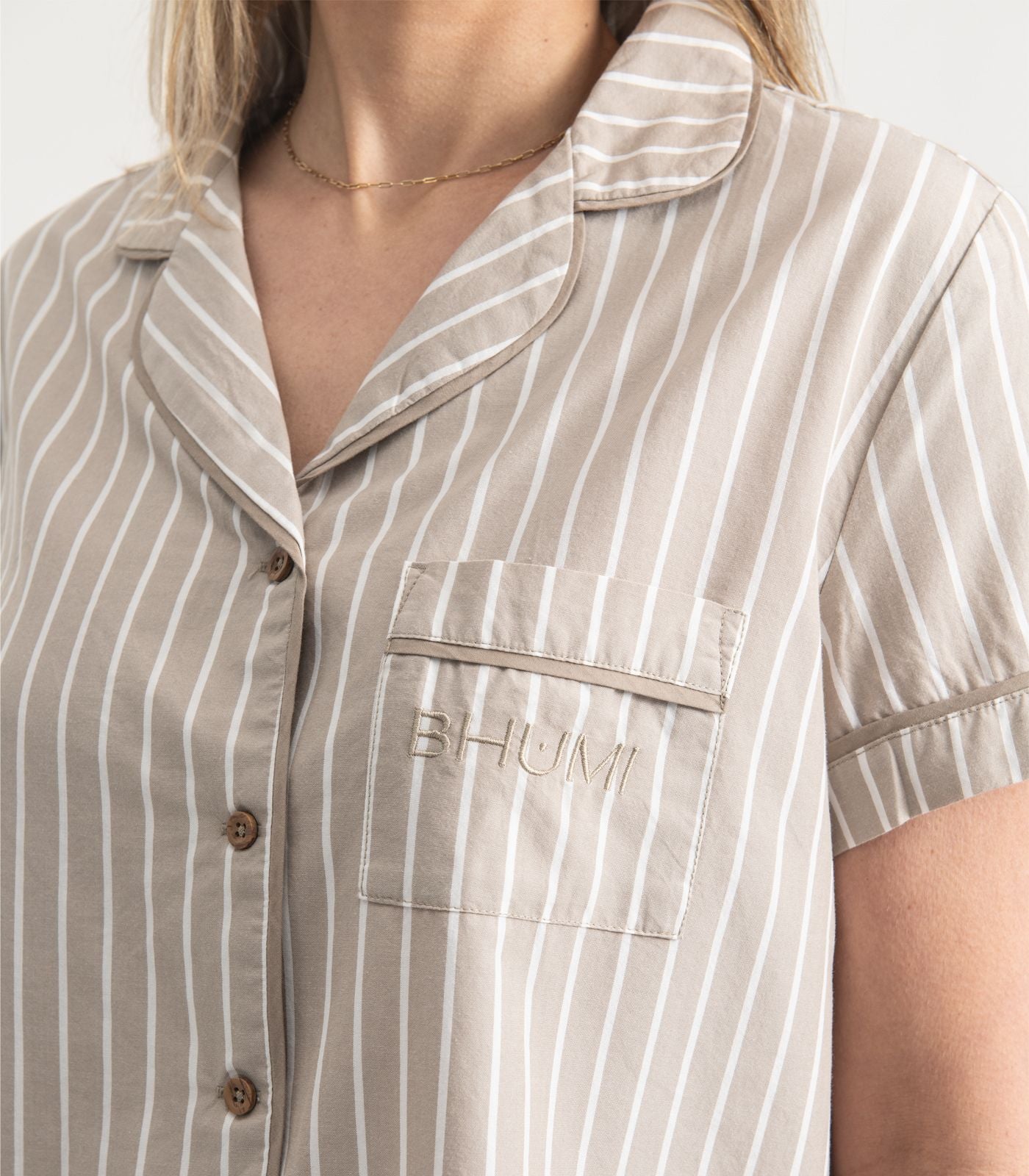 Bhumi Organic Cotton - Percale Short PJ Set - Pinstripe - Golden Taupe