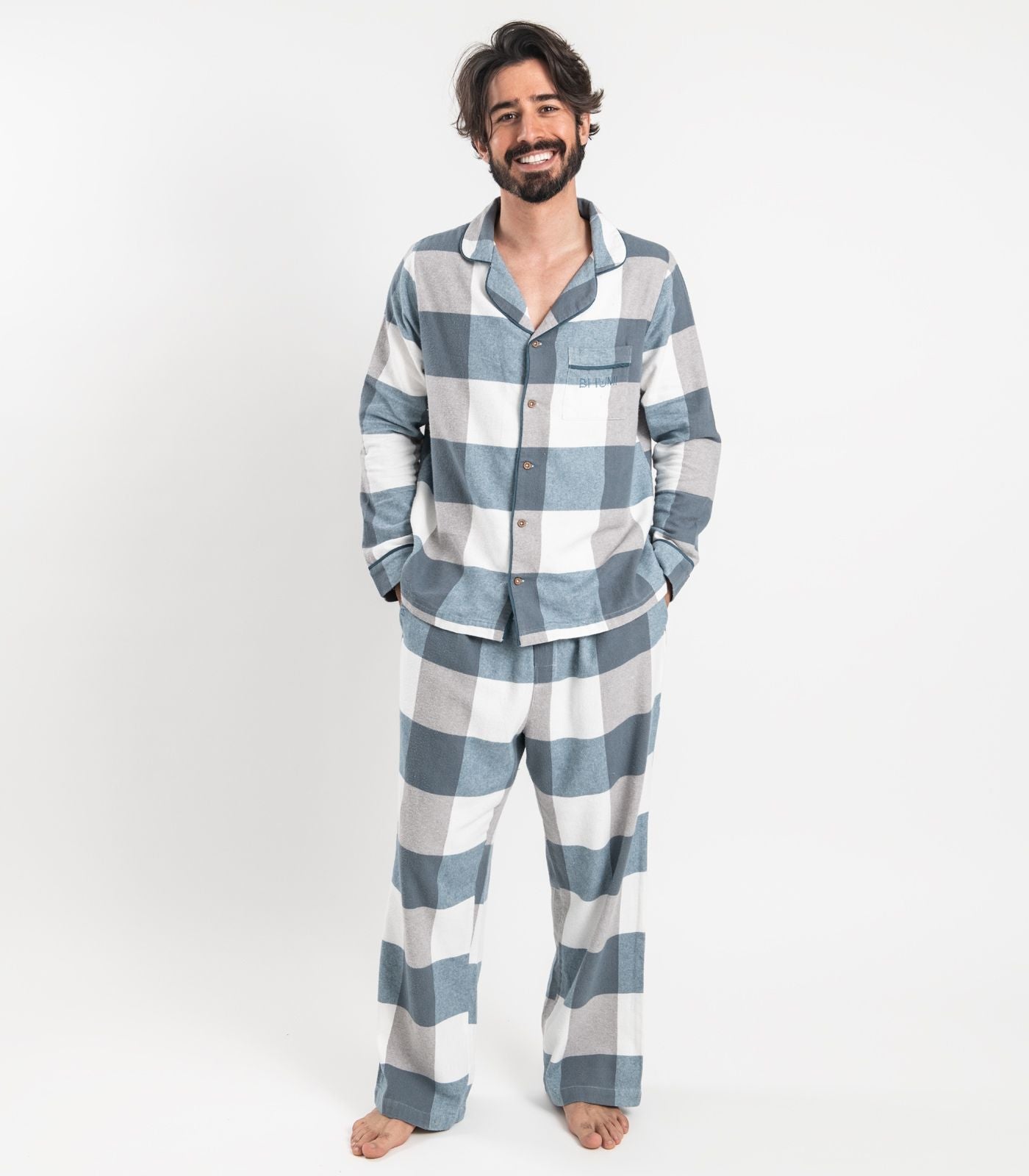 Bhumi Organic Cotton - Men's Flannelette PJ Set - Powder Blue Check