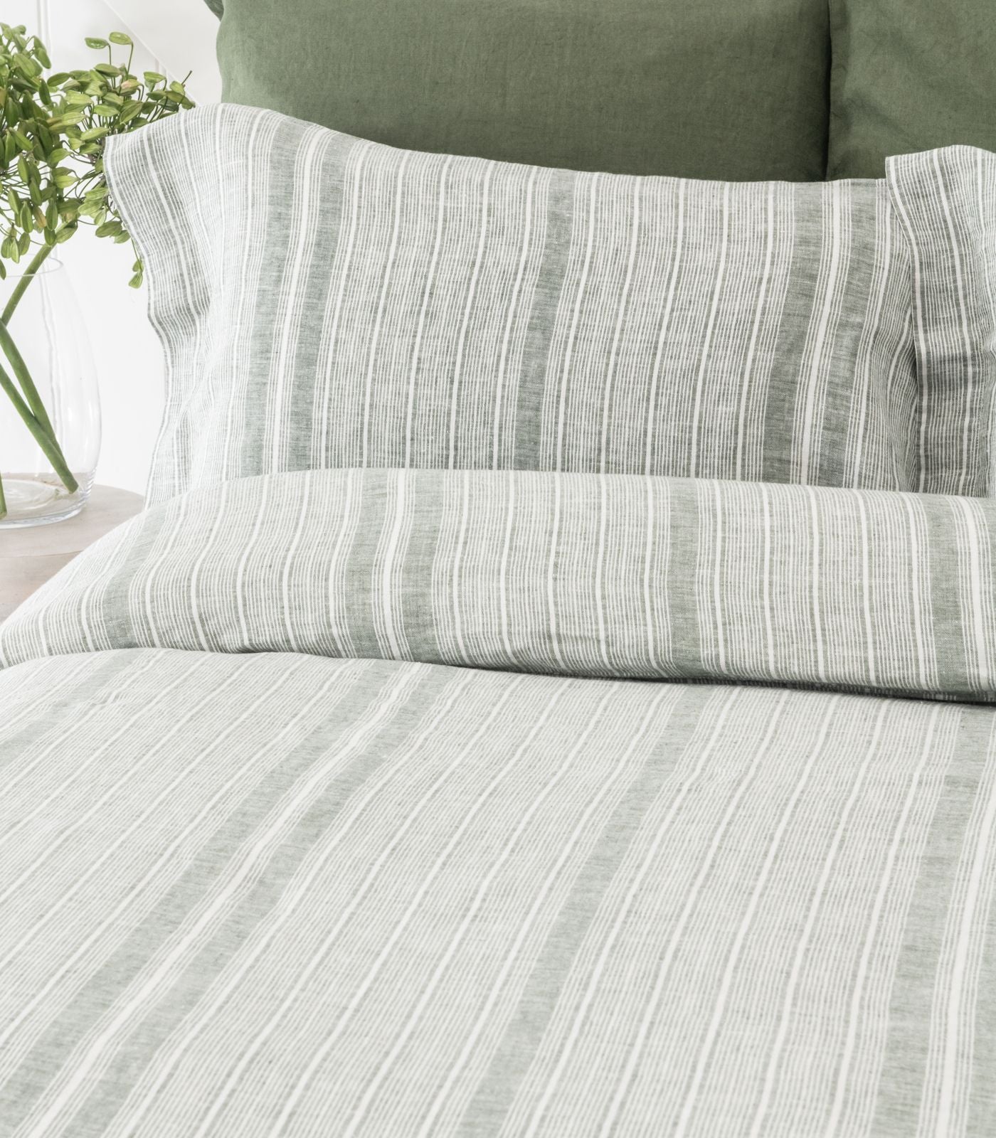 Bhumi Organic Cotton - Linen Plain Duvet Cover Set - Bronze Green Stripe