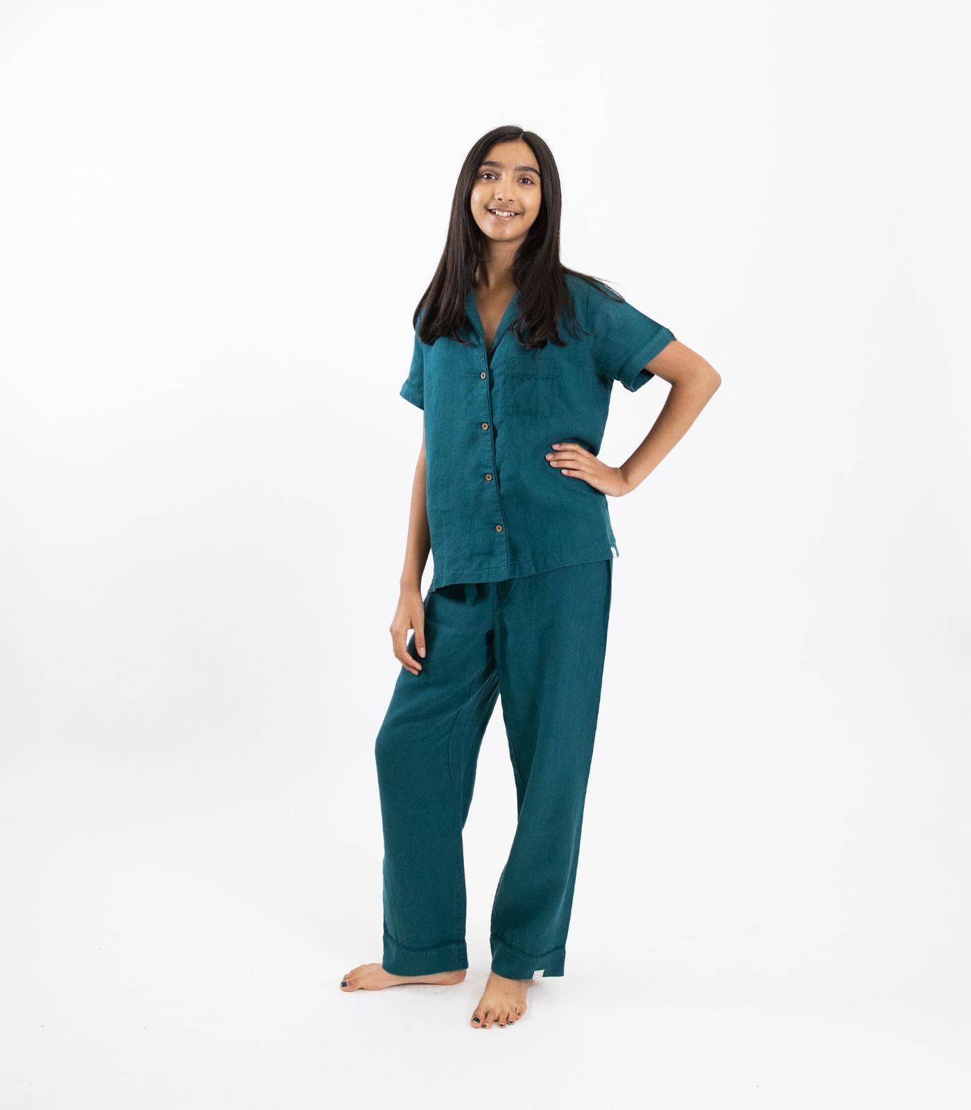 Bhumi Organic Cotton - Kids Linen Short Sleeve PJ Set - Peacock Green