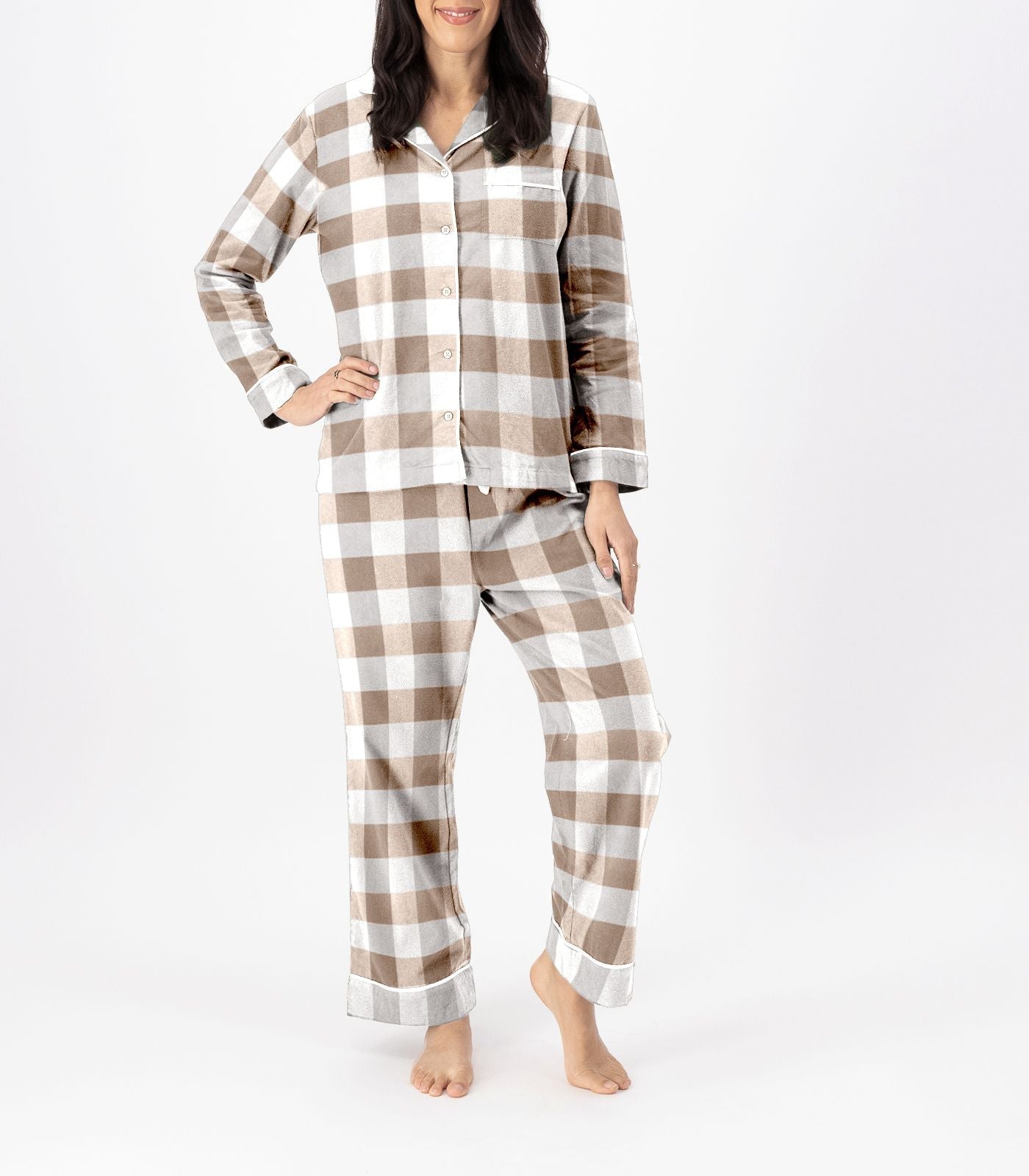 Bhumi Organic Cotton - Flannelette Long PJ Set - Check - Golden Taupe Check