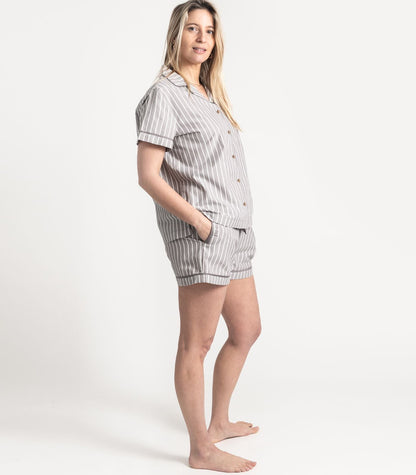 Bhumi Organic Cotton - Percale Short PJ Set - Pinstripe - Silver Grey