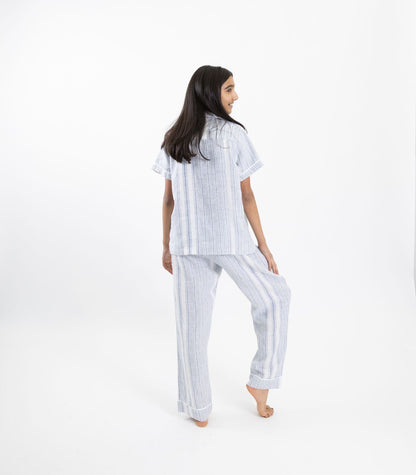 Bhumi Organic Cotton - Kids Linen Short Sleeve PJ Set - Sapphire Blue Stripe