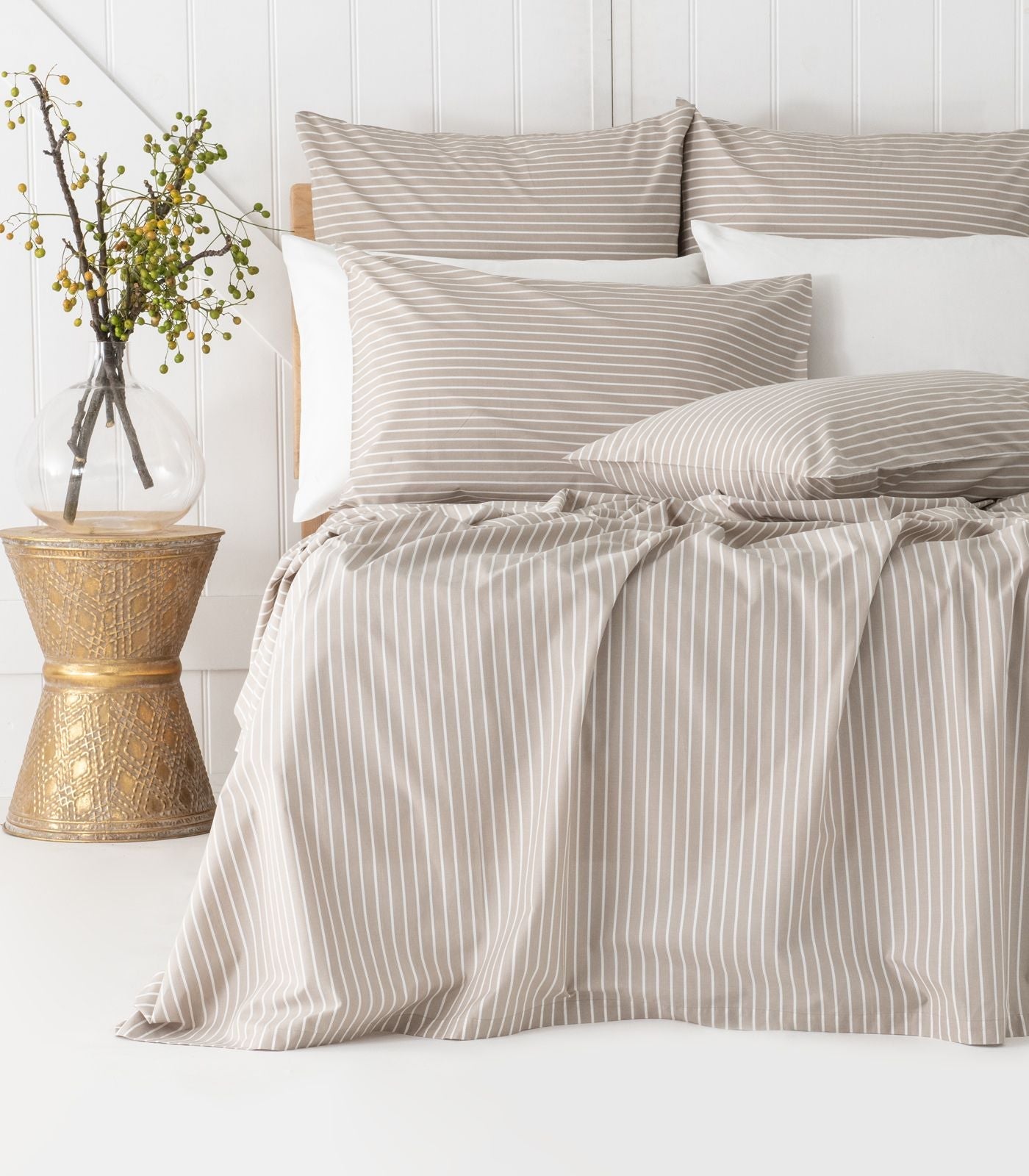 Bhumi Organic Cotton - Percale Sheet Set - Stripe - Golden Taupe Stripe