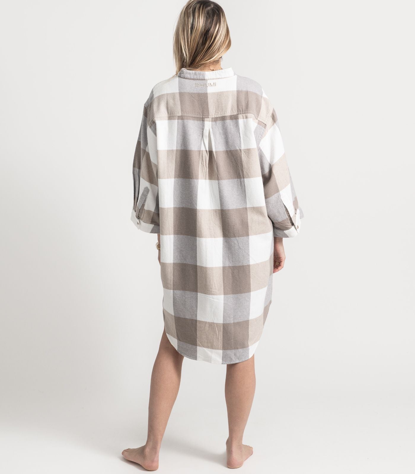 Bhumi Organic Cotton - Flannelette Night Shirt - Check - Golden Taupe Check