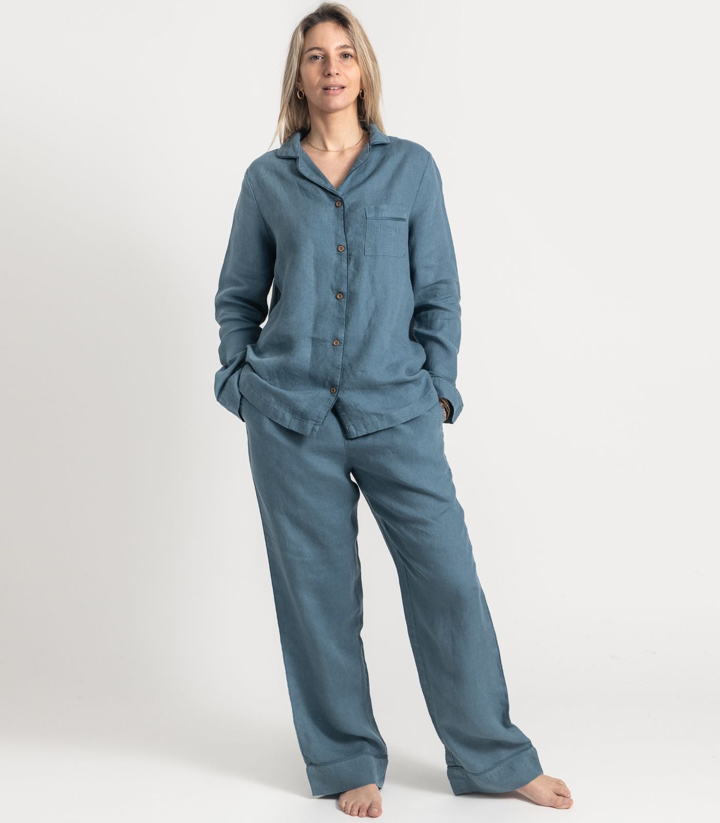 Bhumi Organic Cotton - Linen Long PJ Set - Indian Teal