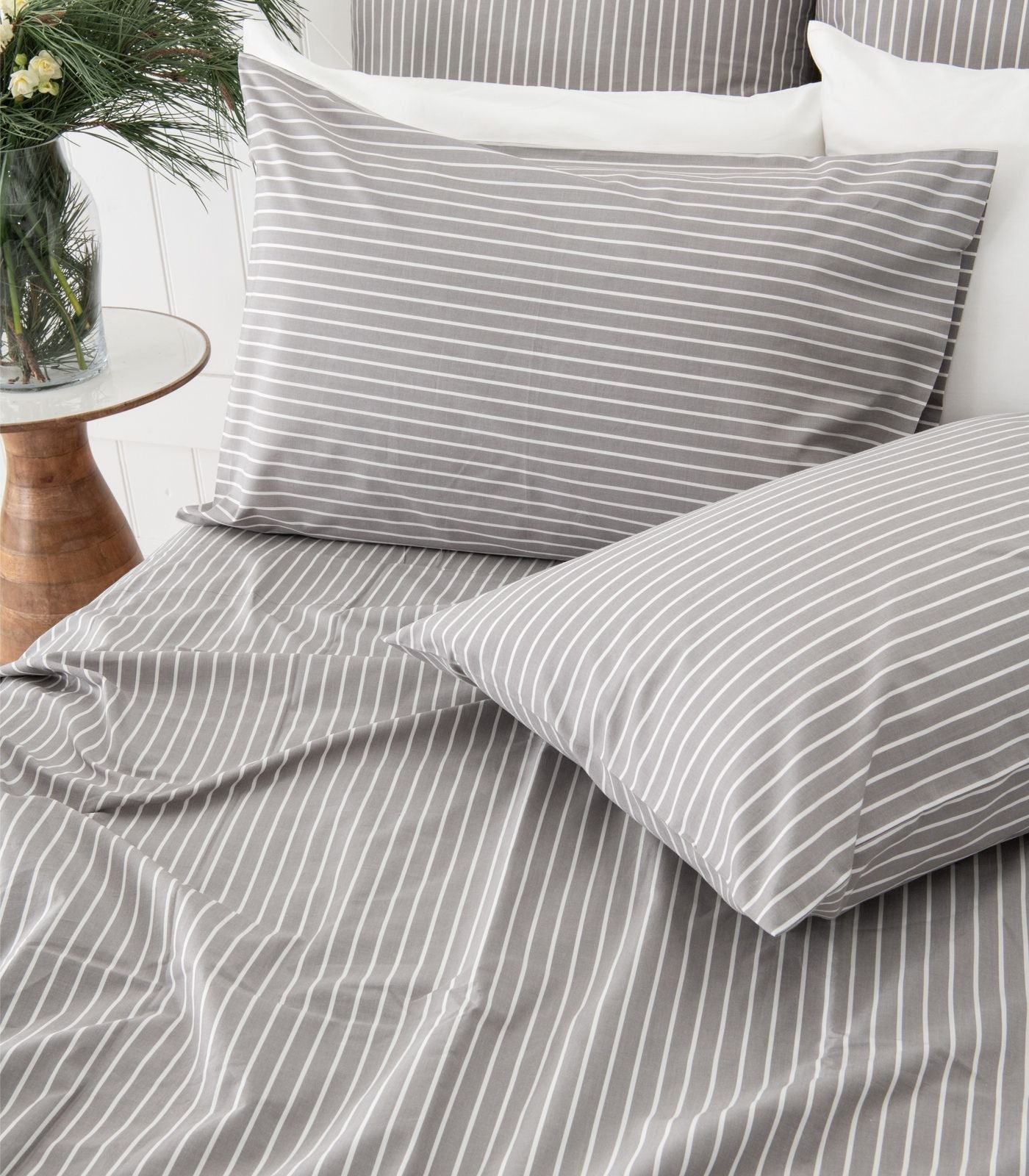 Bhumi Organic Cotton - Percale Sheet Set - Stripe - Silver Grey Stripe