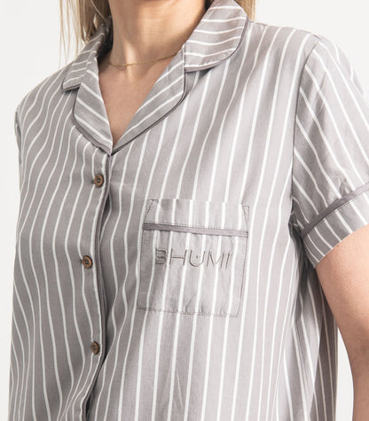 Bhumi Organic Cotton - Percale Short PJ Set - Pinstripe - Silver Grey