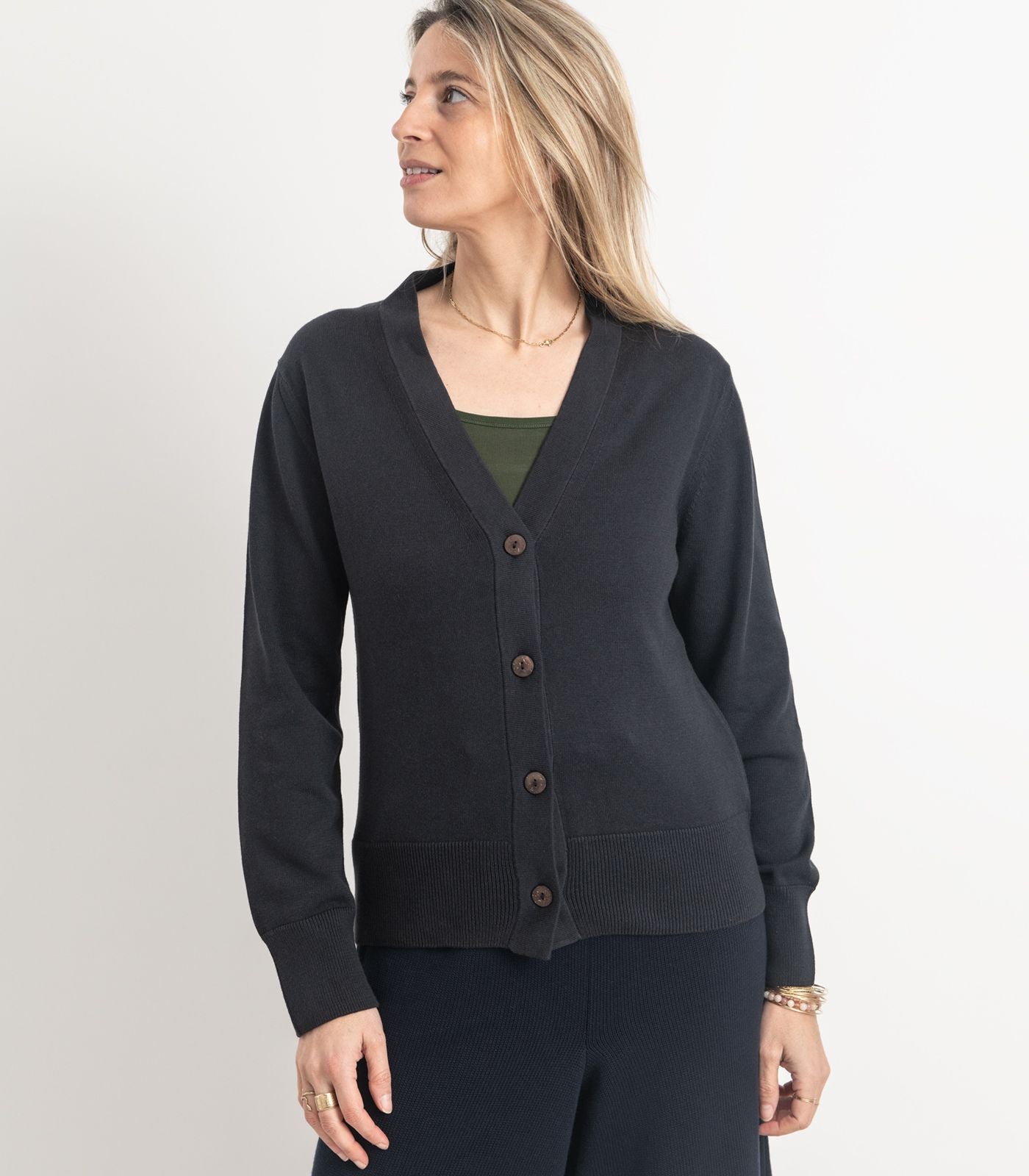 Bhumi Organic Cotton - Fine Knit V Neck Cardigan - Charcoal