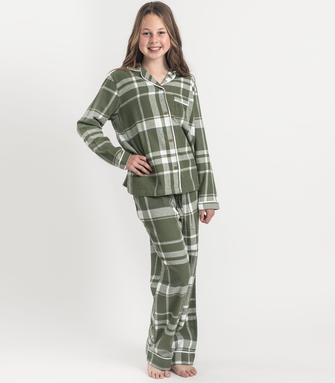 Bhumi Organic Cotton - Kids Flannelette Long PJ Set - Bronze Green Plaid