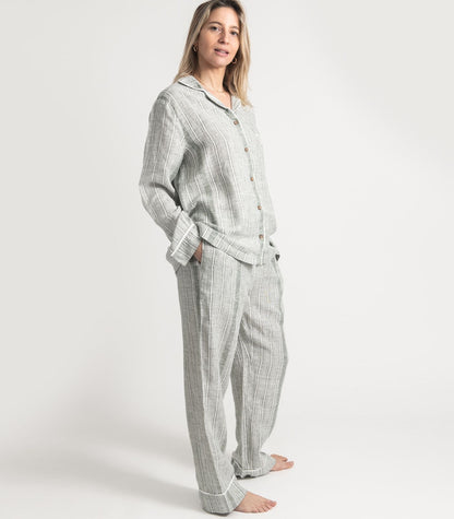 Bhumi Organic Cotton - Linen Long PJ Set - Bronze Green Stripe