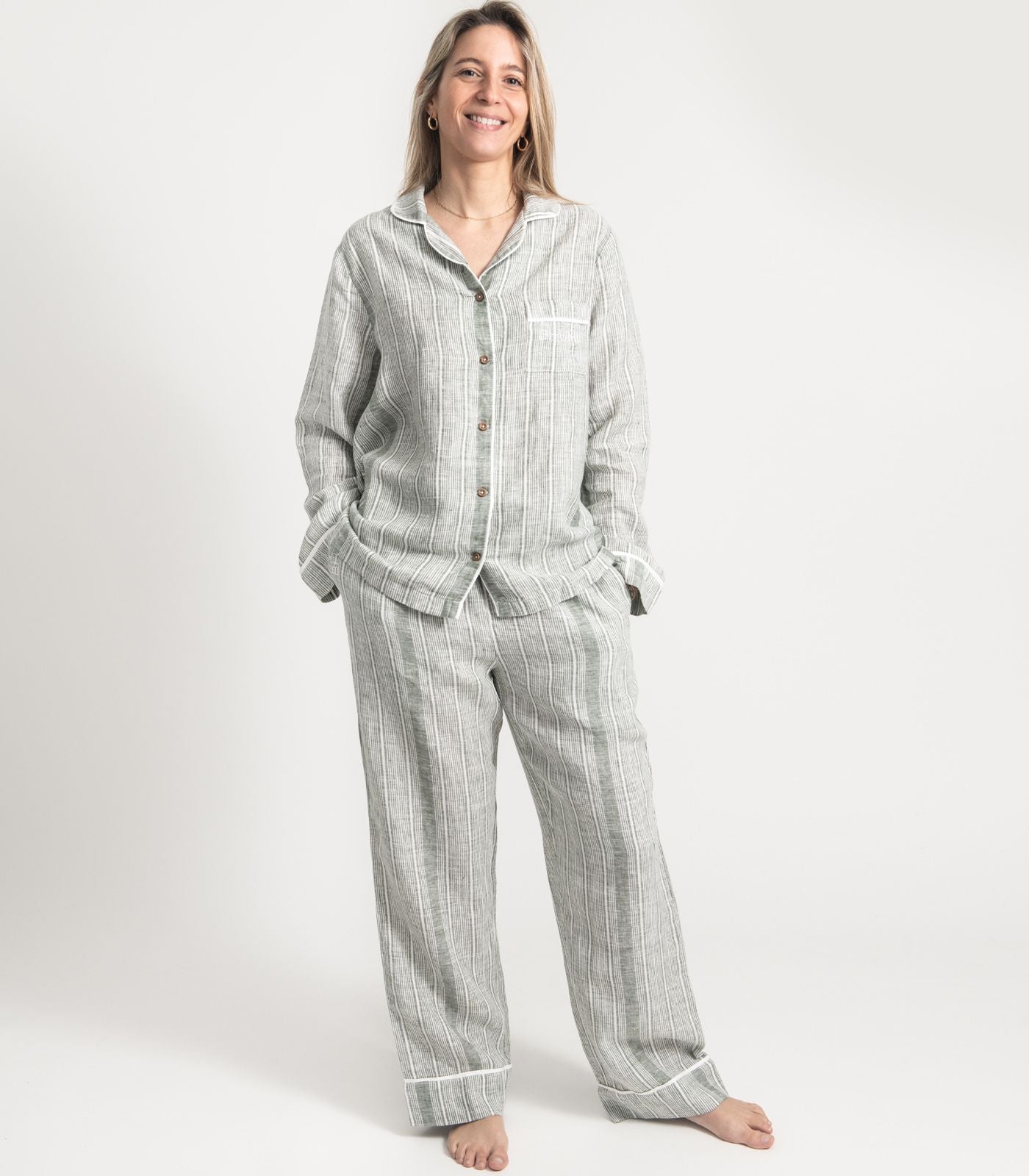 Bhumi Organic Cotton - Linen Long PJ Set - Bronze Green Stripe