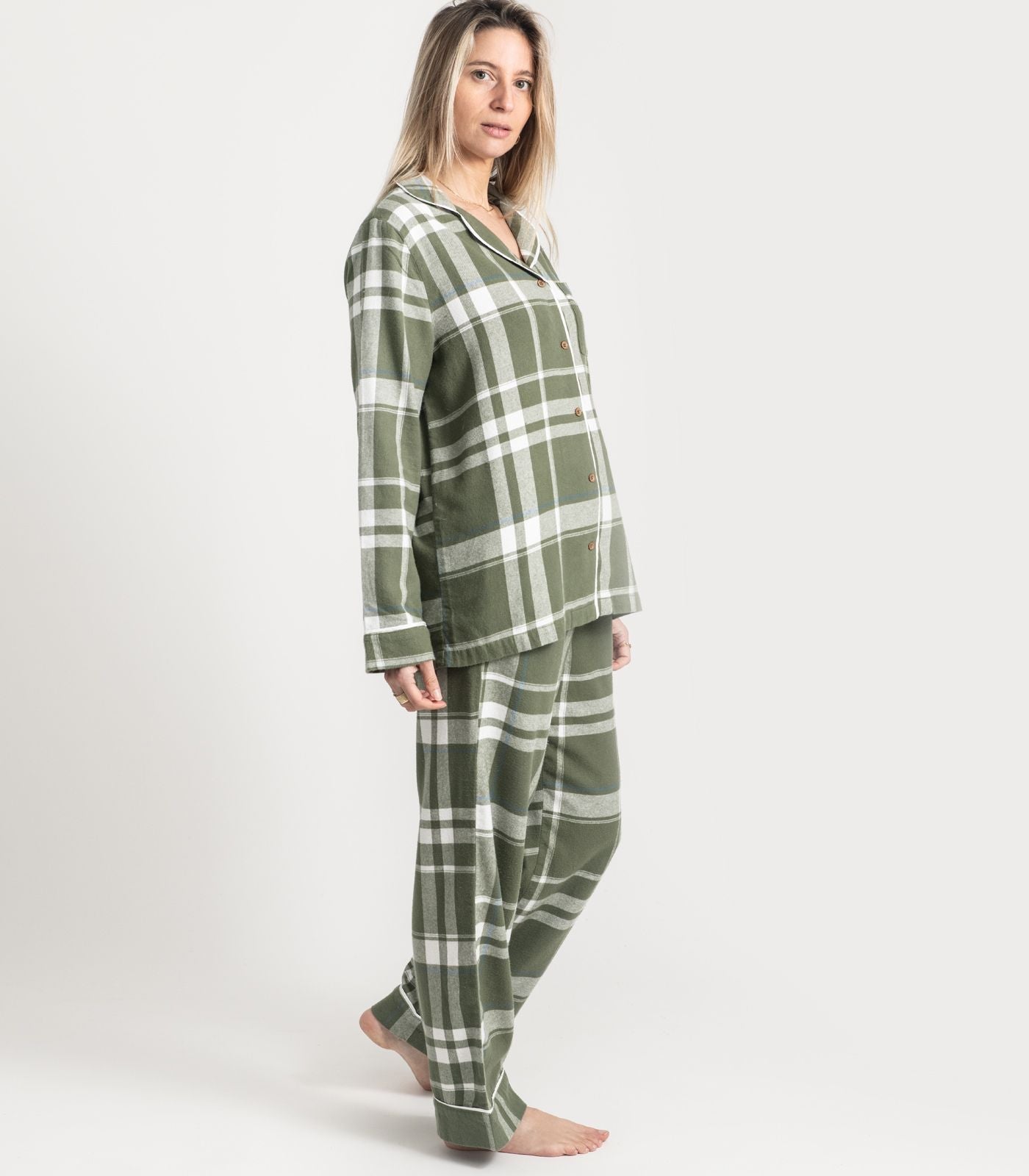 Bhumi Organic Cotton - Flannelette Long PJ Set - Plaid - Bronze Green Plaid