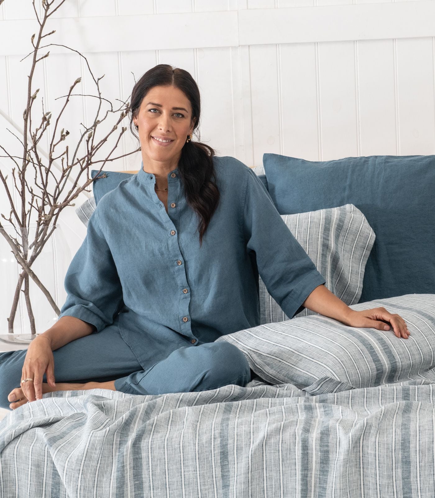 Bhumi Organic Cotton - Linen Fitted Sheet - Indian Teal Stripe