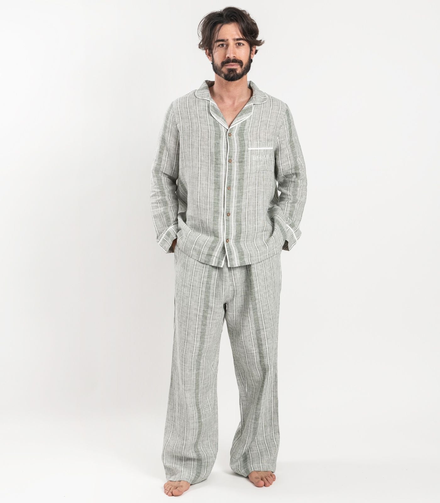 Bhumi Organic Cotton - Men's Linen PJ Set - Bronze Green Stripe