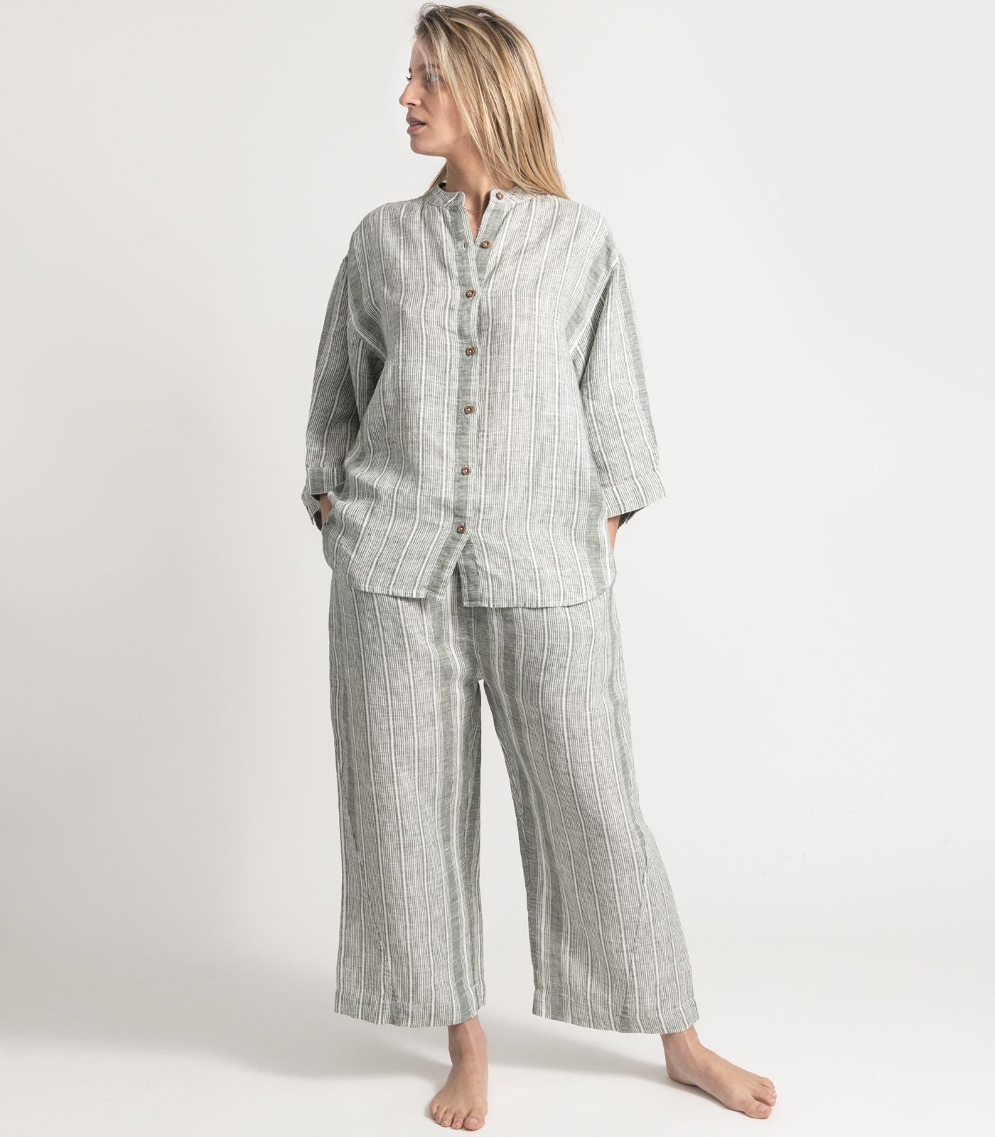 Bhumi Organic Cotton - Linen 3/4 Pj Set - Bronze Green Stripe