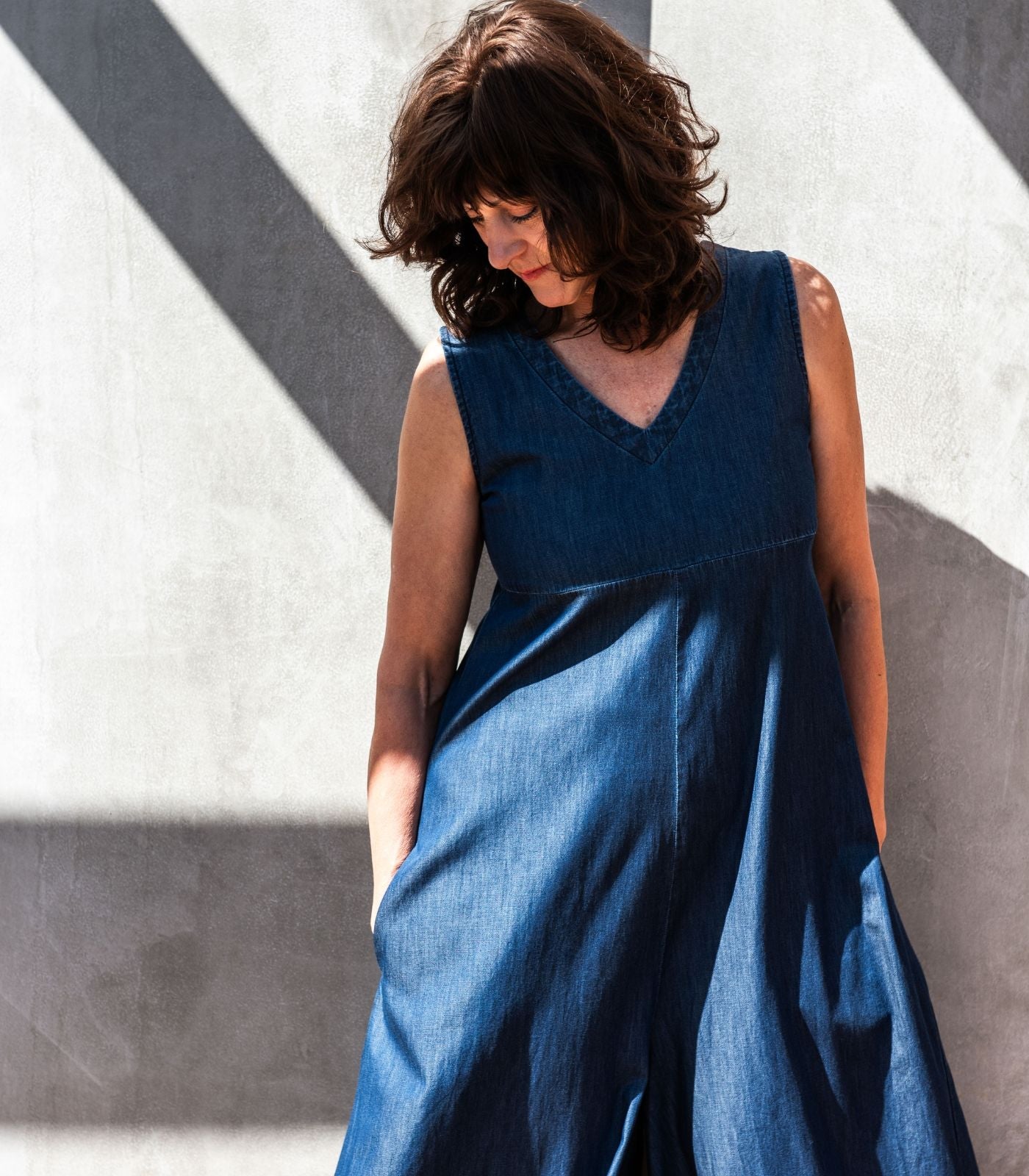 blue denim jumpsuit for women in organic cotton