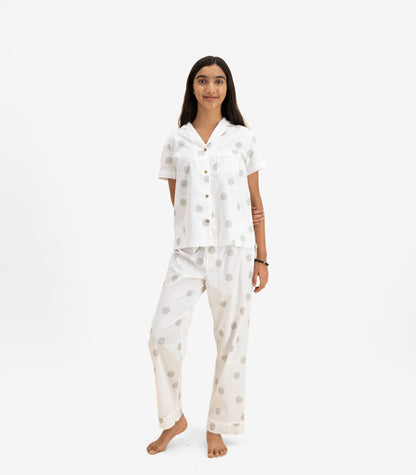 Bhumi Organic Cotton - Kids Sateen Short Sleeve PJ Set  - Grey Dots